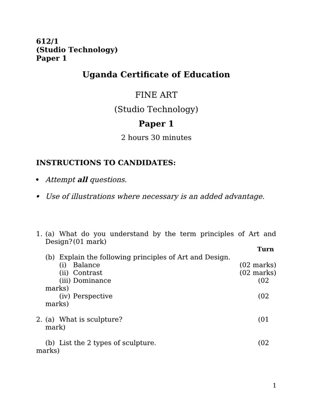 Cover of UCE Fine Art Paper 1 (612/1) Studio Technology Exam (S4 Fine Art Past Paper)