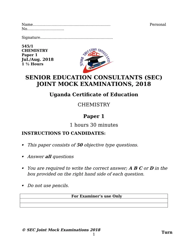 Cover of UCE Chemistry Paper 1 (545/1) SEC Joint Mock Examination 2018 (S4 Chemistry Past Paper)