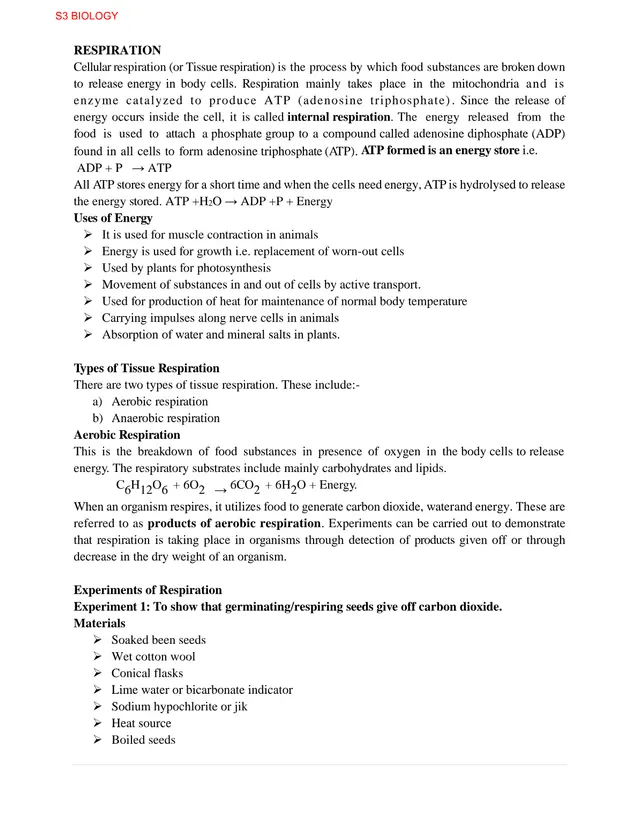 Cover of Respiration – S3 Biology Notes (S3 Biology Notes)