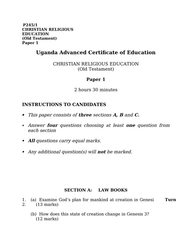 Cover of UACE Christian Religious Education P245/1 (Old Testament) Paper 1 (S6 Religious Education Past Paper)