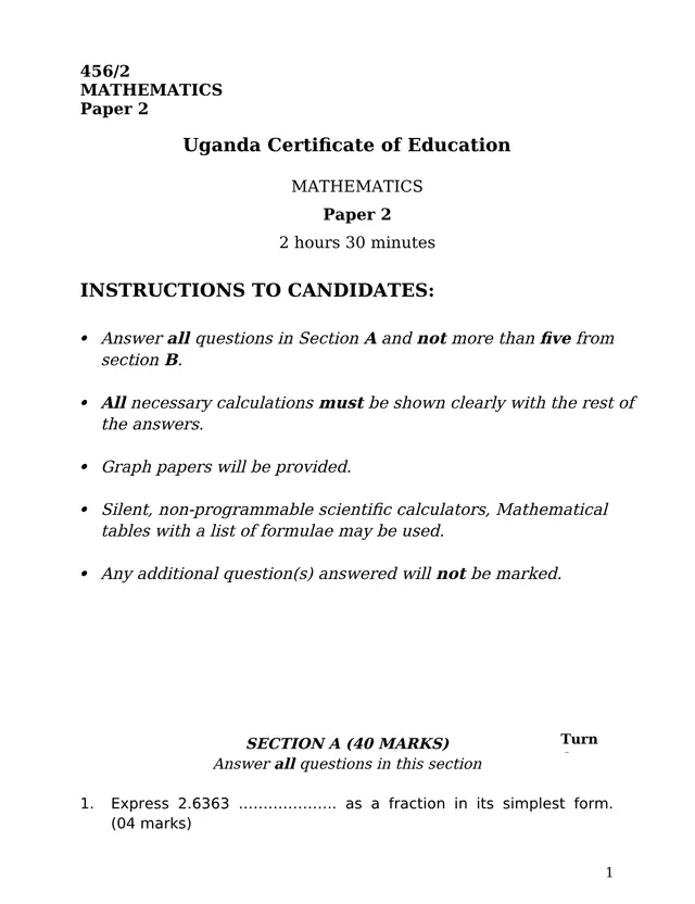 Cover of UCE Mathematics Paper 2 (456/2) Examination (S4 Mathematics Past Paper)