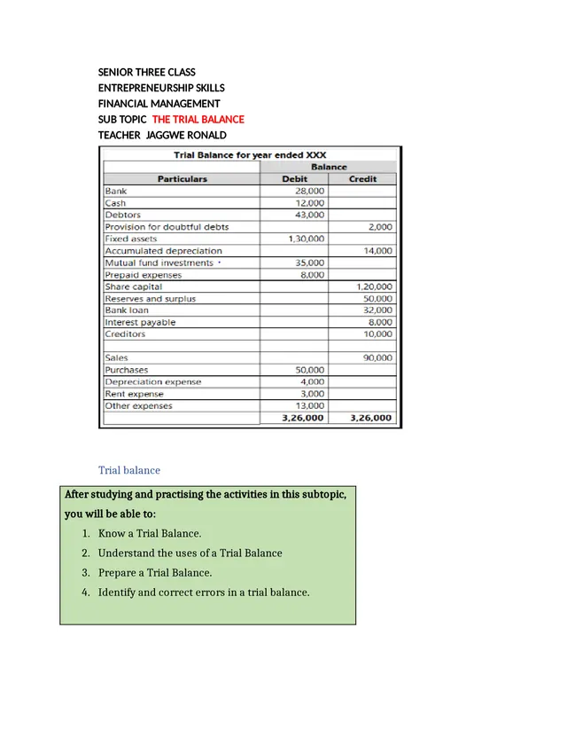 Cover of Senior 3 Entrepreneurship: The Trial Balance (S3 Entrepreneurship Activity)