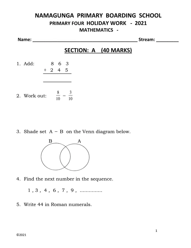 Cover of Namagunga Primary Boarding School P4 Mathematics Holiday Work 2021 (P4 Mathematics Past Paper)