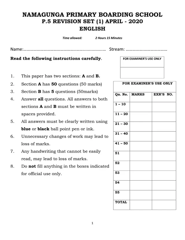Cover of Primary 5 English Revision Set 1, Namagunga Primary Boarding School (April 2020) (P5 English Past Paper)