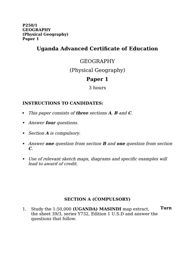 Cover of UACE Geography Paper 1 (P250/1): Physical Geography Examination (S6 Geography Past Paper)