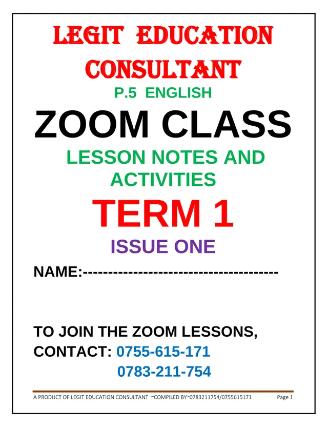 Cover of Primary 5 English Zoom Class Notes and Activities – Term 1 (P5 English Past Paper)