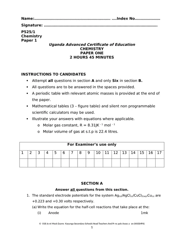 Cover of Senior 6 Chemistry Paper 1 (S6 Chemistry Past Paper)