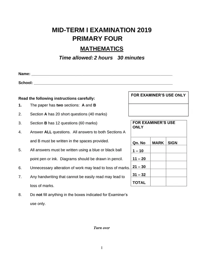Cover of Primary Four Mathematics Mid-Term I Examination 2019 (P4 Mathematics Past Paper)