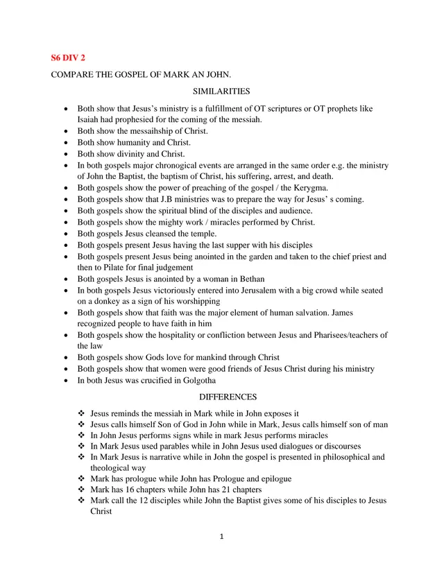 Cover of Comparing the Gospels of Mark and John – S6 CRE Paper 2 Notes (S6 Religious Education Notes)