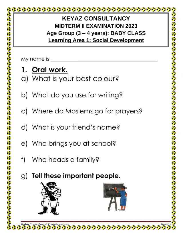 Cover of Baby Class Social Development Midterm II Examination 2023 (Learning Area 1) (Baby Literacy Past Paper)