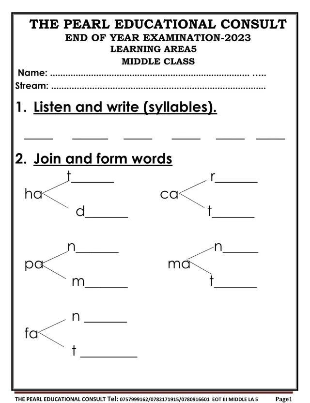 Cover of Middle Class Learning Area 5 End of Year Examination 2023 (Term 3) (Middle Literacy Past Paper)