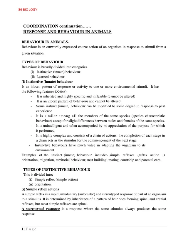 Cover of Response and Behaviour in Animals – S6 Biology Notes (S6 Biology Activity)