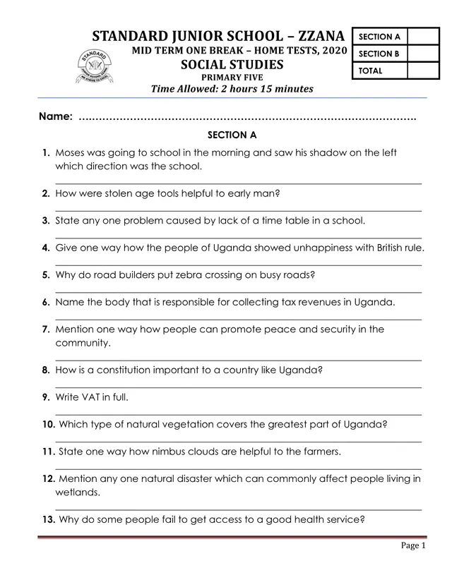 Cover of Primary 5 Social Studies Mid-Term One Break Home Test 2020 (Set II) (P5 Social Studies Past Paper)