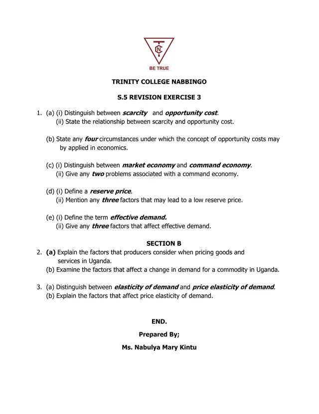 Cover of S5 Economics Revision Exercise 3 – Trinity College Nabbingo (S5 Economics Worksheet)