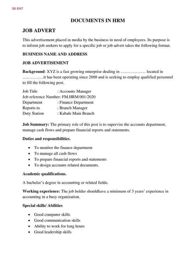 Cover of Documents in Human Resource Management – S6 Entrepreneurship Notes (S6 Entrepreneurship Notes)