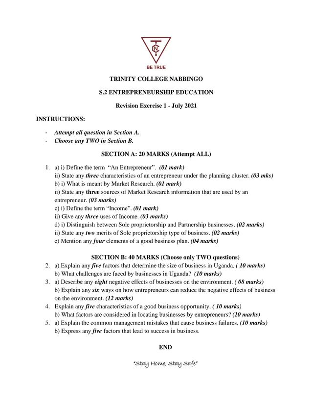 Cover of S2 Entrepreneurship Education Revision Exercise 1, July 2021 (S2 Entrepreneurship Revision Material)