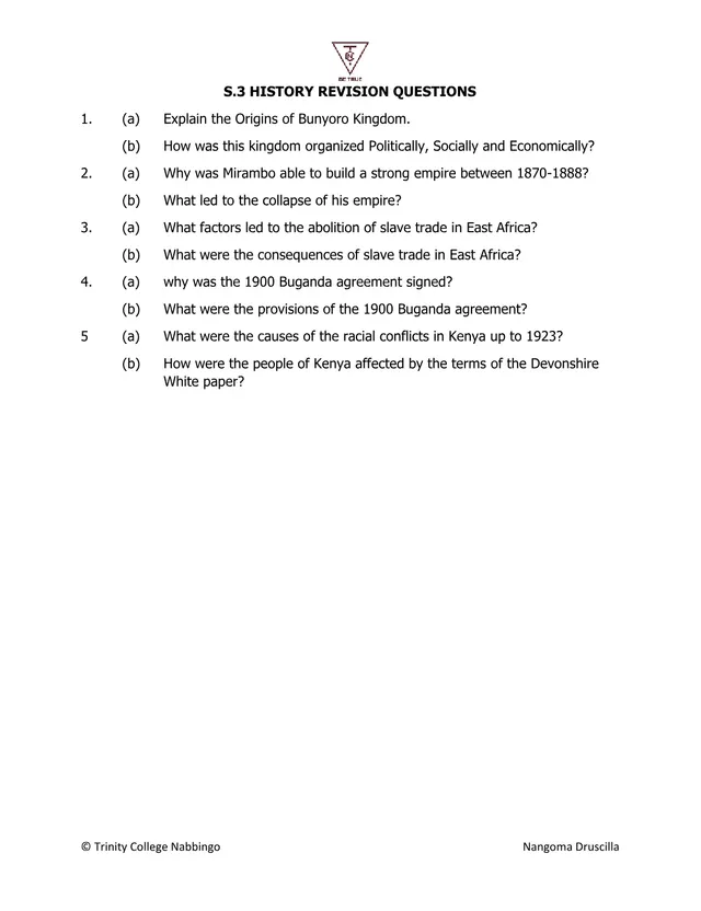 Cover of S3 History Revision Questions – Trinity College Nabbingo, June 2021 (S3 History Revision Material)