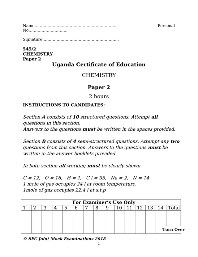 Cover of UCE Chemistry Paper 2 (545/2) Examination (S4 Chemistry Past Paper)