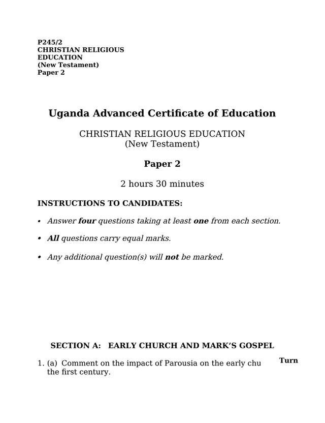 Cover of UACE Christian Religious Education P245/2 (New Testament) Paper 2 (S6 Religious Education Past Paper)