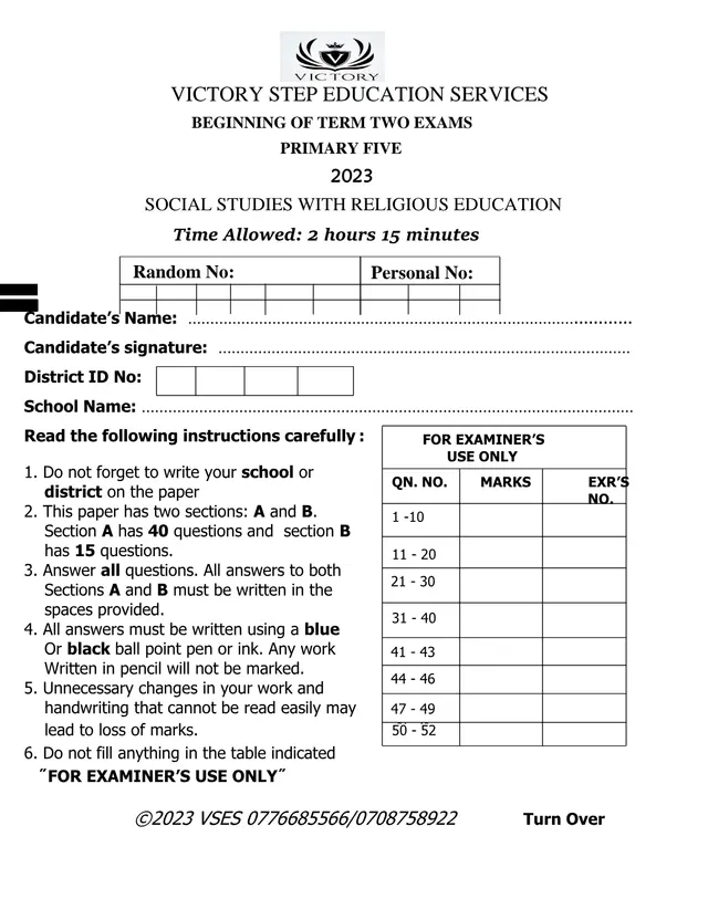 Cover of Primary 5 Social Studies with RE Beginning of Term 2 Exam 2023 (VSES) (P5 Social Studies Past Paper)