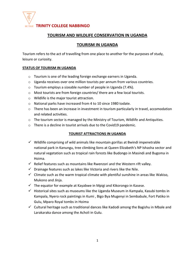 Cover of S5 Geography Notes: Tourism and Wildlife Conservation in Uganda (S5 Geography Activity)