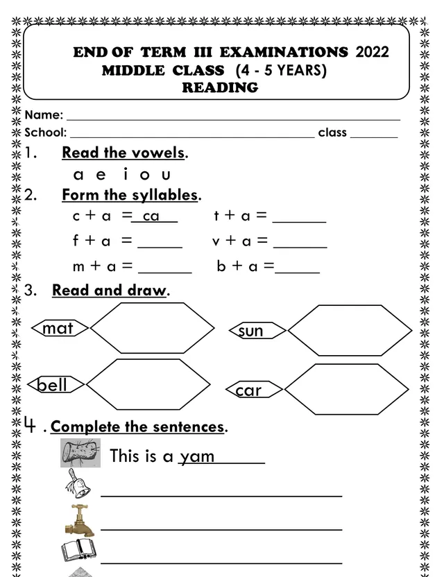 Cover of Middle Class Reading End of Term III Examination 2022 (Middle Literacy Past Paper)