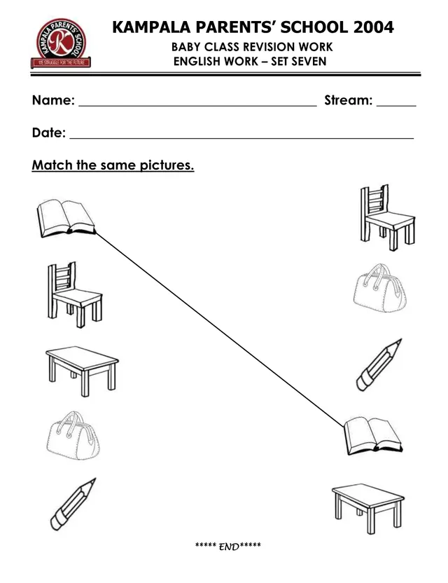 Cover of Baby Class Revision Work Set Seven – Kampala Parents' School 2004 (Baby English Past Paper)