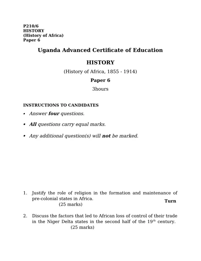 Cover of UACE History Paper 6 (P210/6): History of Africa, 1855–1914 (S6 History Past Paper)