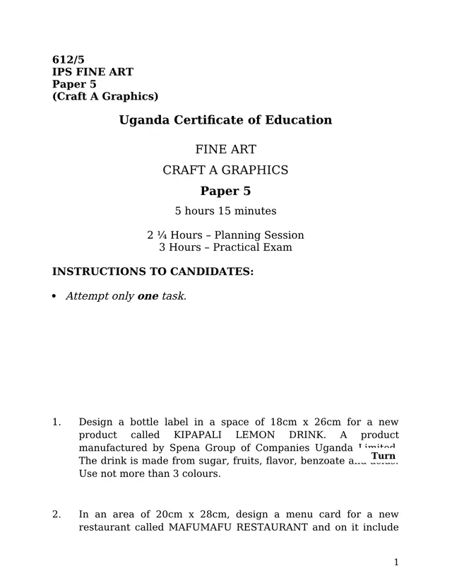 Cover of UCE Fine Art Paper 5 (612/5): Craft A – Graphics Practical Exam (S4 Fine Art Past Paper)