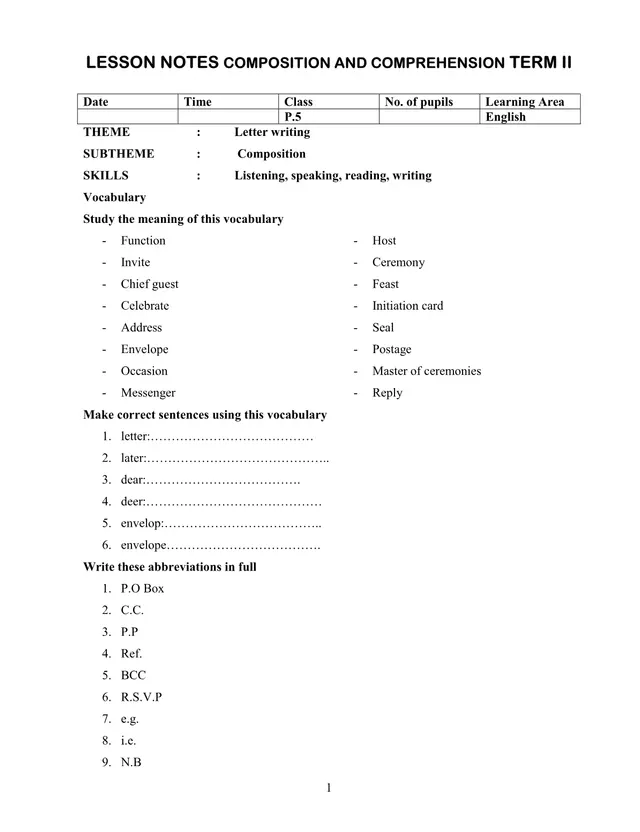 Cover of P.5 English Composition and Comprehension Lesson Notes – Term 2 (P5 English Notes)