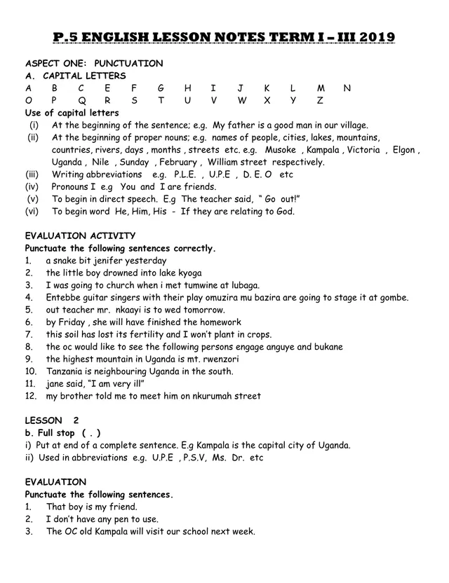 Cover of P.5 English Lesson Notes, Terms I–III 2019 (P5 English Notes)