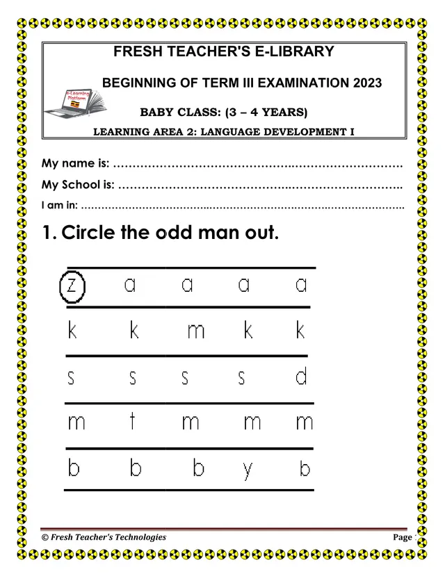 Cover of Baby Class Language Development Beginning of Term III Exam 2023 (Baby Literacy Past Paper)