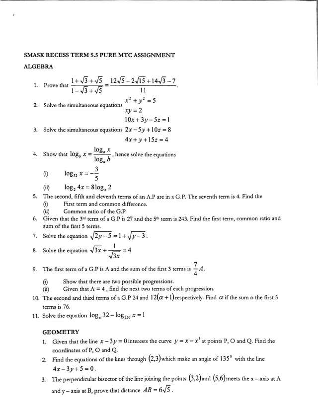 Cover of S.5 Pure Mathematics Recess Assignment: Algebra and Coordinate Geometry (S5 Mathematics Worksheet)