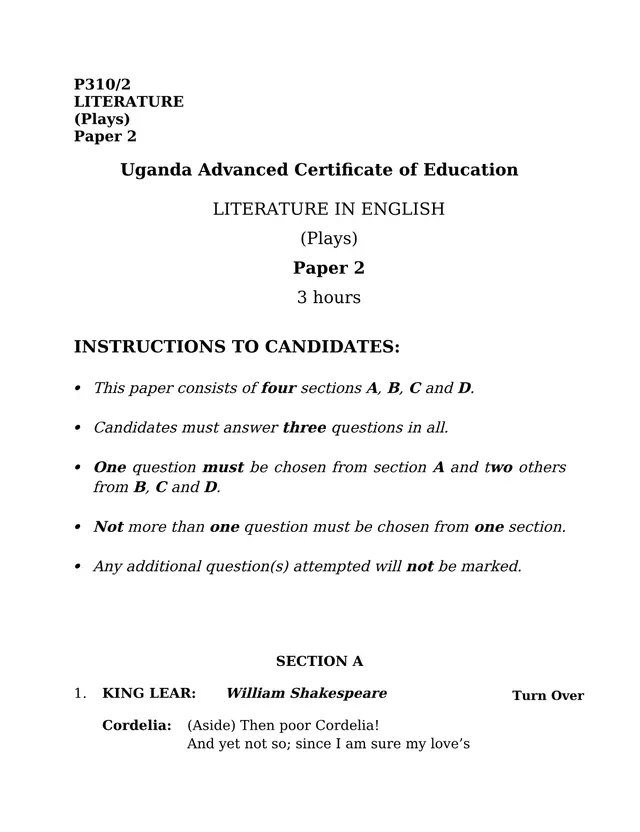 Cover of UACE Literature in English Paper 2 (Plays) P310/2 (S6 Literature Past Paper)
