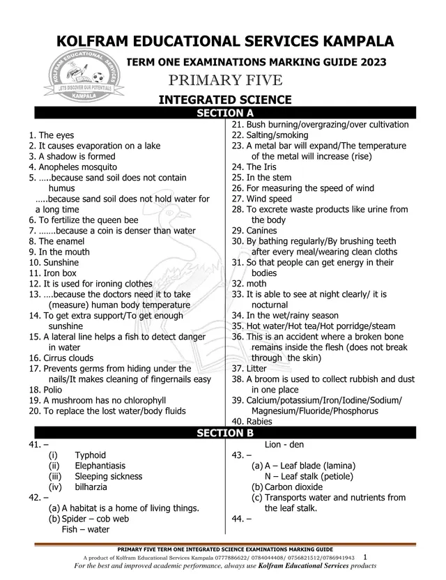 Cover of Kolfram P5 Integrated Science Term 1 Exam Marking Guide 2023 (P5 Science Past Paper)