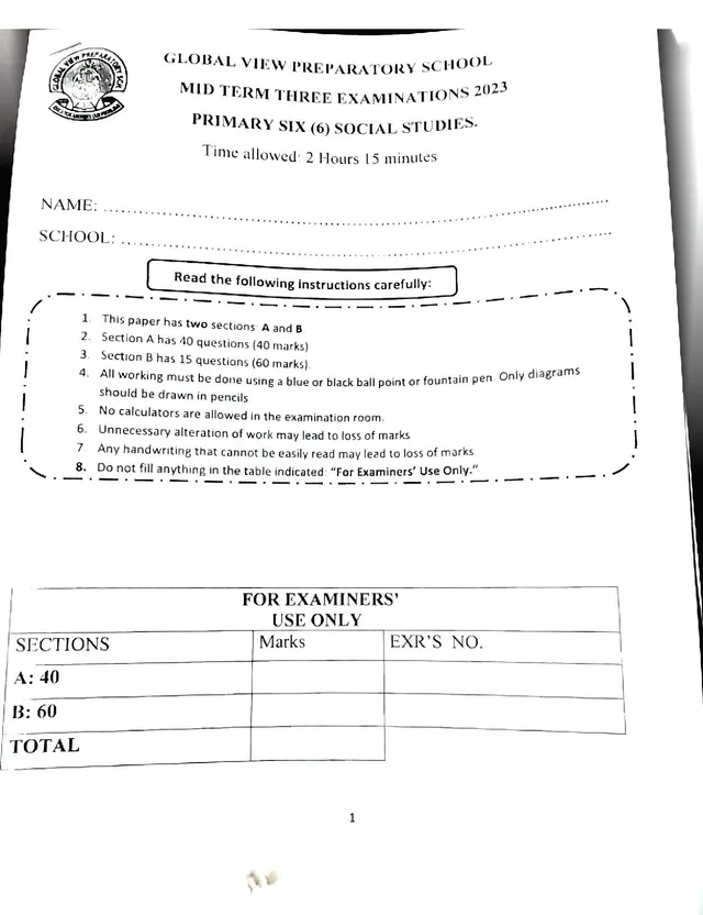 Cover of Global View Preparatory School P6 Social Studies Mid-Term Three Exam 2023 (P5 Social Studies Past Paper)