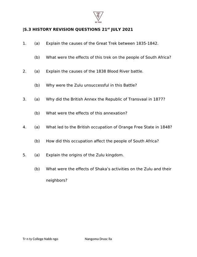Cover of S3 History Revision Questions: South African History, 21 July 2021 (S3 History Revision Material)