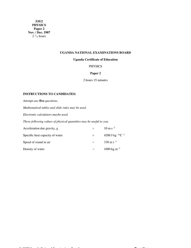 Cover of UCE Physics Paper 2 (535/2) UNEB Past Papers Question Bank (S4 Physics Past Paper)