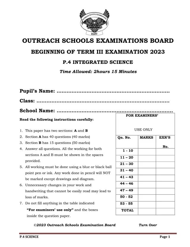 Cover of P4 Integrated Science Beginning of Term 3 Examination 2023 (P4 Science Past Paper)