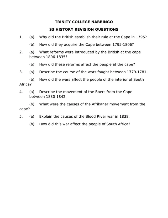 Cover of S3 History Revision Questions on South African History (S3 History Revision Material)
