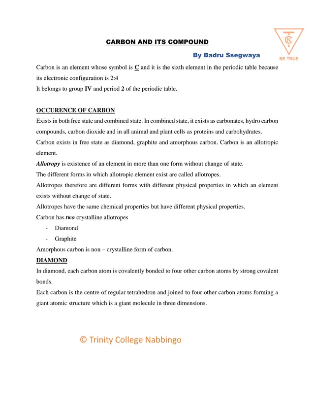Cover of Senior 2 Chemistry: Carbon and Its Compounds (S2 Chemistry Notes)