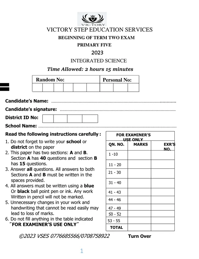 Cover of P5 Integrated Science Beginning of Term Two Exam 2023 (P5 Science Past Paper)