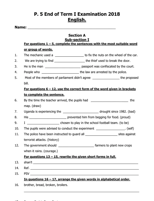 Cover of Primary 5 English End of Term I Examination 2018 (P5 English Past Paper)