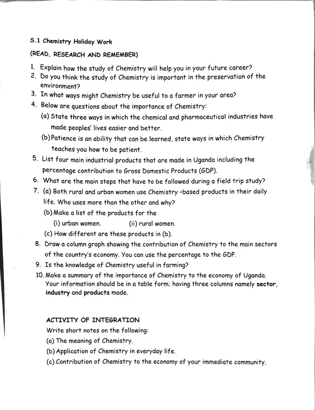 Cover of Senior 1 Chemistry Holiday Work: Importance and Applications of Chemistry (S1 Chemistry Holiday Package)