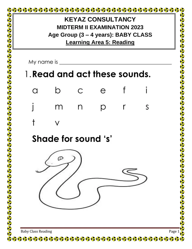 Cover of Baby Class Reading Midterm II Examination 2023 (Learning Area 5) (Baby Literacy Past Paper)