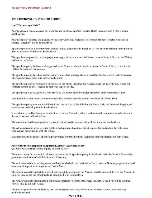 Cover of Apartheid Policy in South Africa – S4 History Notes (S4 Economics Notes)