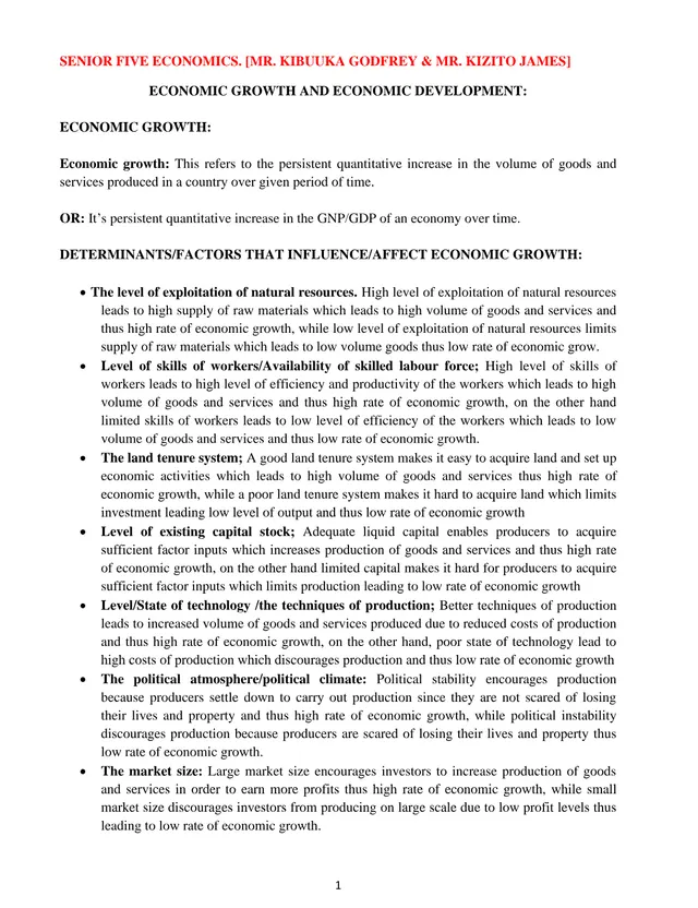 Cover of Economic Growth and Economic Development – Senior Five Economics Notes (S5 Economics Notes)