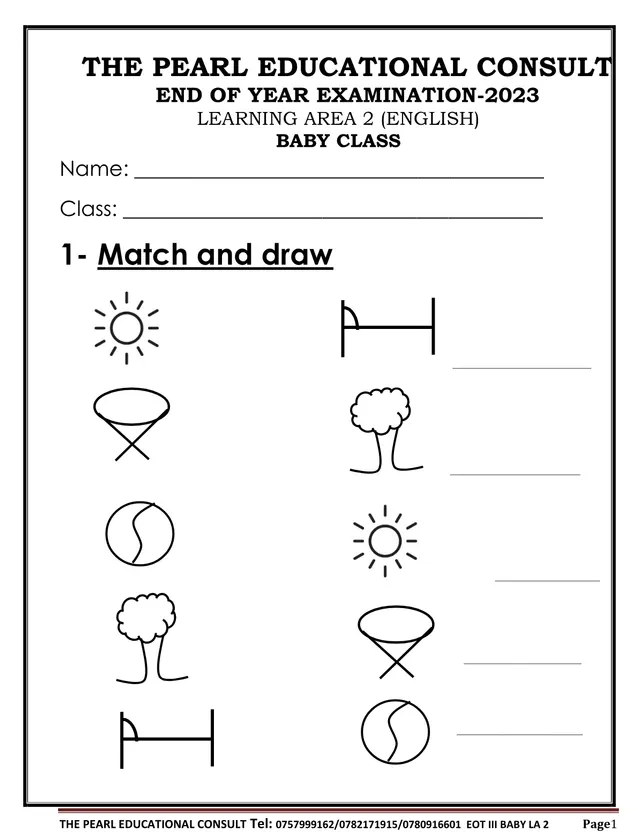 Cover of Baby Class English (Learning Area 2) End of Year Exam 2023 – Term 3 (Baby English Past Paper)