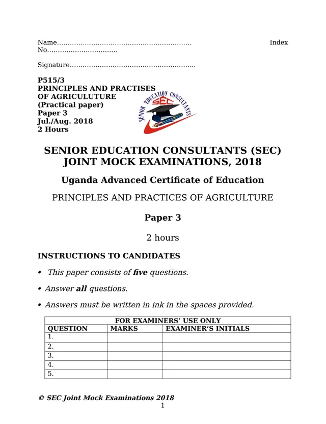 Cover of UACE Agriculture Paper 3 (P515/3) Practical – SEC Joint Mock Examinations 2018 (S6 Agriculture Past Paper)