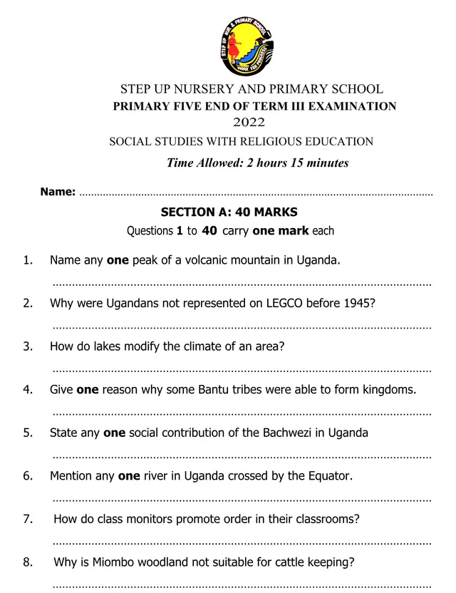 Cover of P.5 Social Studies with RE End of Term III Examination 2022 (P5 Social Studies Past Paper)